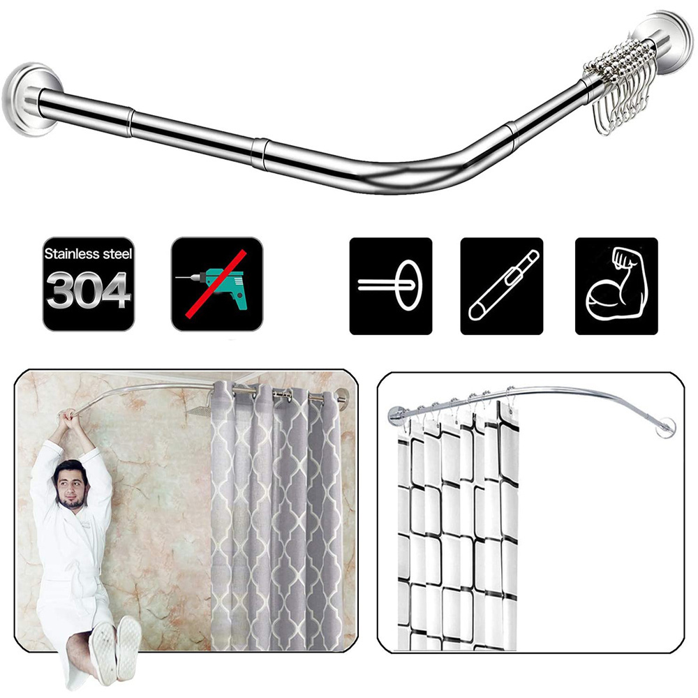 Drill Free Adjustable 304 Stainless Steel Stretchable L Shaped Corner Shower Curtain Rod