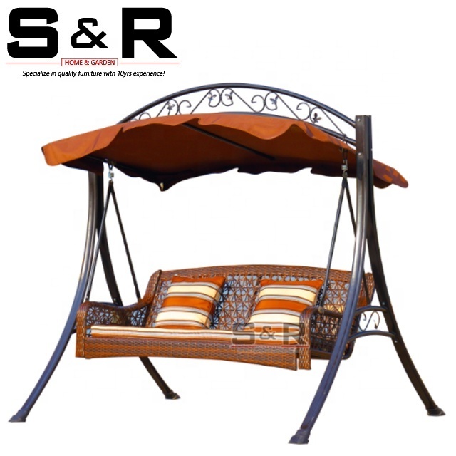 4 seats outdoor patio garden hanging chair double rattan swing chair with cushion