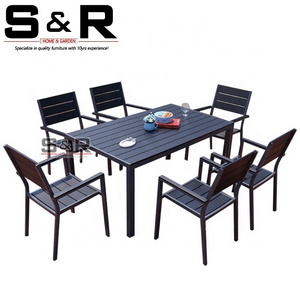 Outdoor WPC Plastic wood table and chair in stacking Aluminum Garden Patio Table