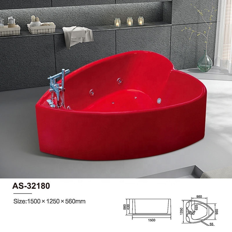 Hot selling fashion acrylic freestanding tub red  heart shaped massage bathtub for bathroom