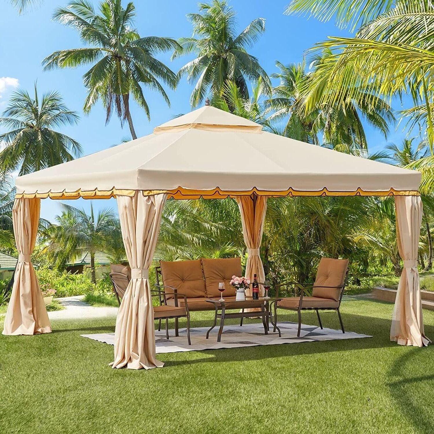 Outdoor Double Roof Waterproof Aluminum Hardtop Patio Gazebo With Mosquito Netting Curtain