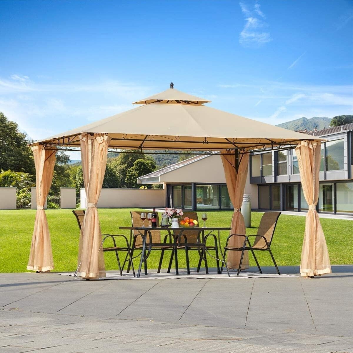 Outdoor Double Roof Waterproof Aluminum Hardtop Patio Gazebo With Mosquito Netting Curtain