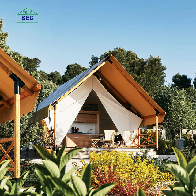 New Design Triangle Prefab Wood House Villa zelt camping Safari glamping hotel tents with bathroom