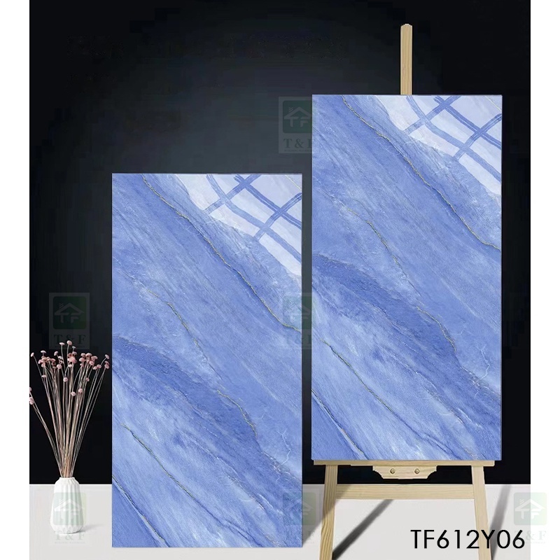 60x120 Full Body Blue Glossy Interior Apartment Glazed Polished Porcelain Marble Floor Wall Tiles