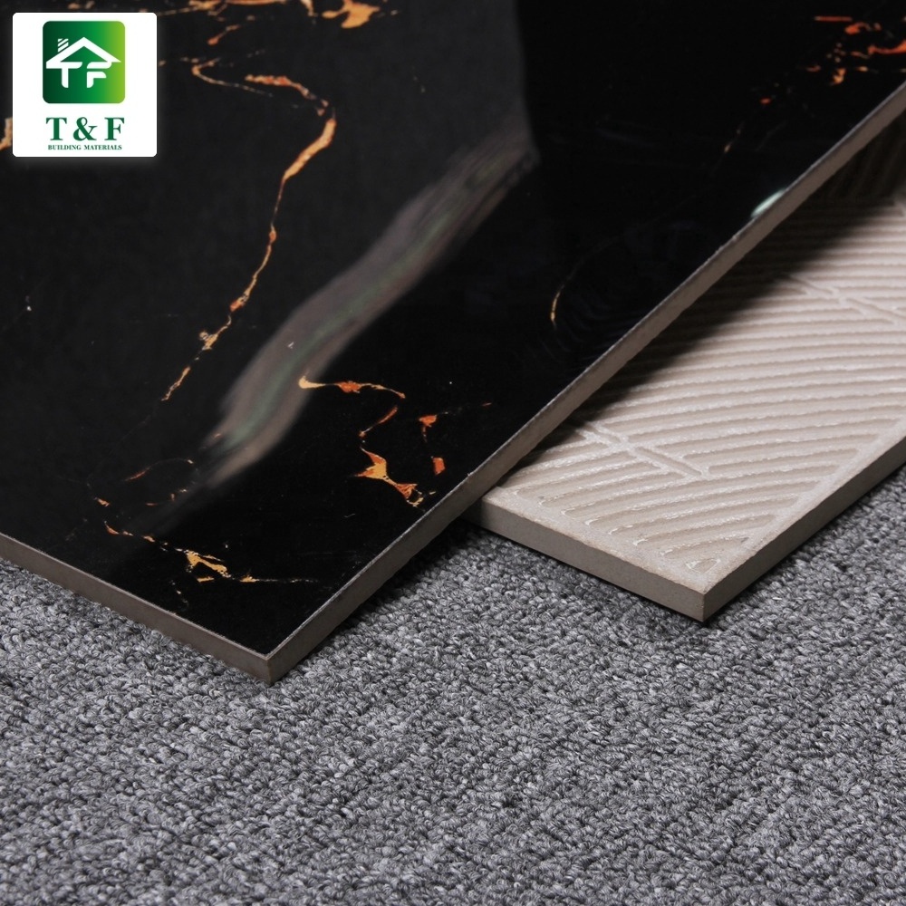 60x60 Glossy Black Gold Marble Floor Tiles Fully Polished Glazed Marble Black Color Gold Vein Porcelain Floor Tile