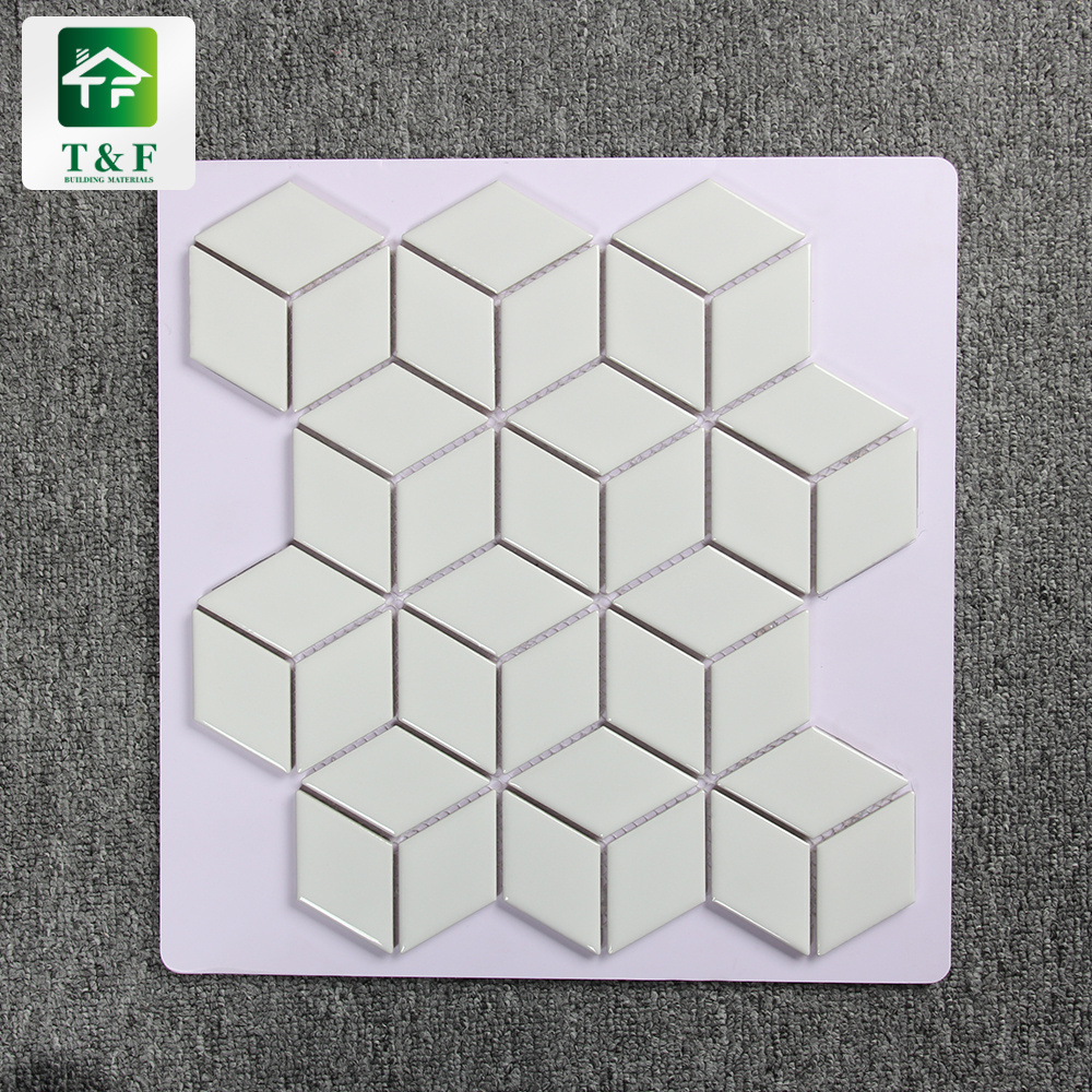 Pure Glossy White Rhombus Mosaic Kitchen Tile Backsplash Art Style Irregular Diamond Shaped Gloss White Mosaic Ceramic Tile