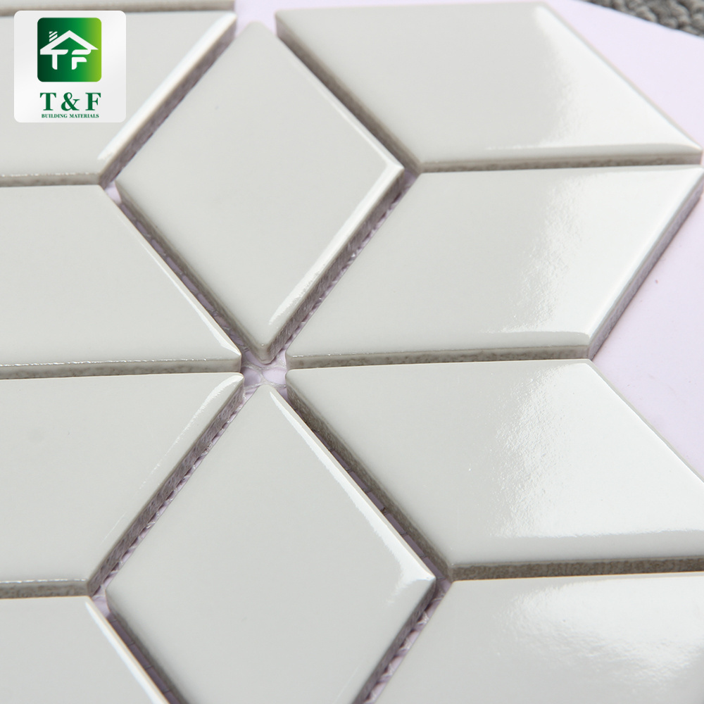 Pure Glossy White Rhombus Mosaic Kitchen Tile Backsplash Art Style Irregular Diamond Shaped Gloss White Mosaic Ceramic Tile