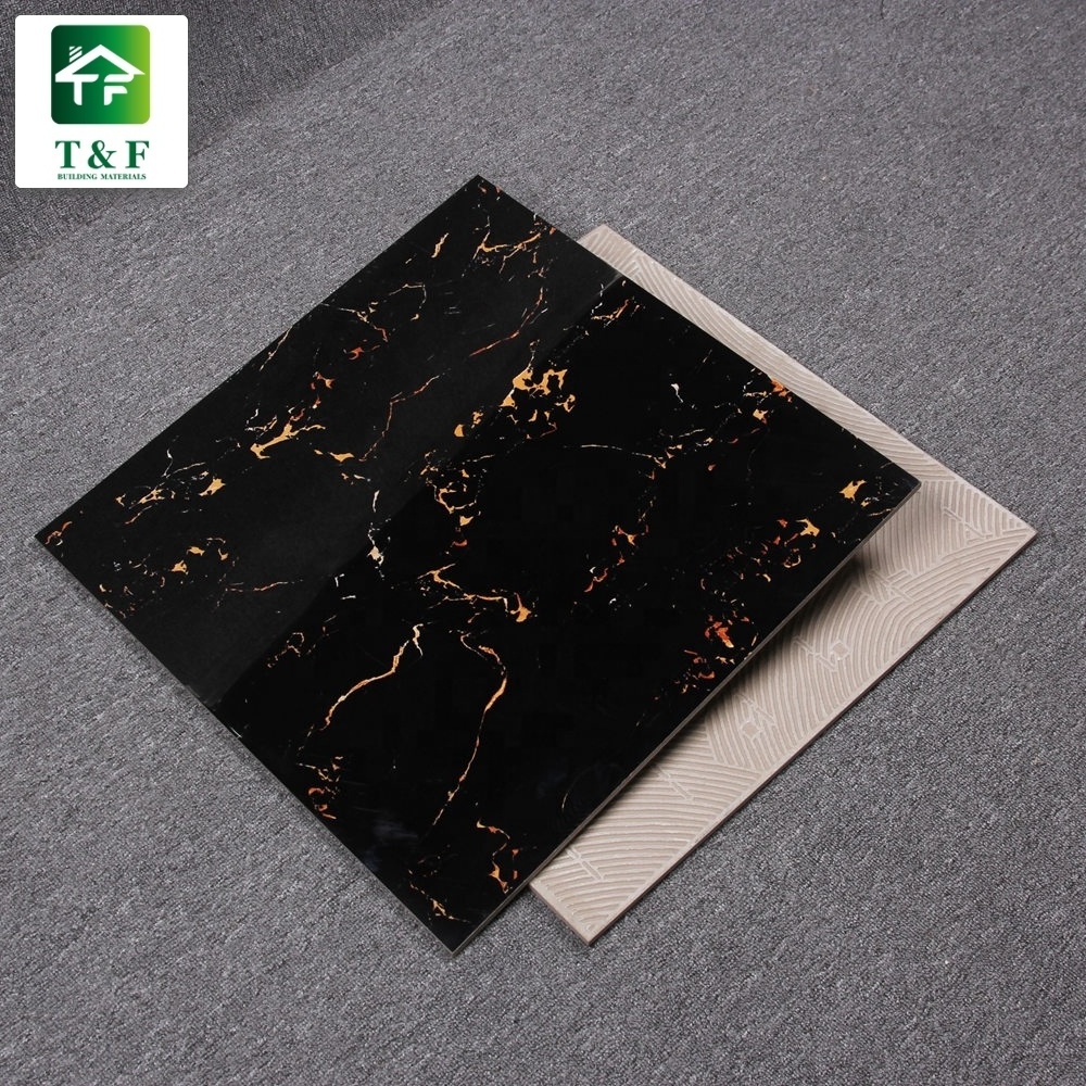 60x60 Glossy Black Gold Marble Floor Tiles Fully Polished Glazed Marble Black Color Gold Vein Porcelain Floor Tile