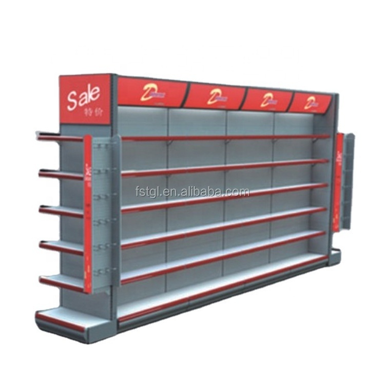 Hot sale retail store rack fittings gondola shelving with pegboard back panel