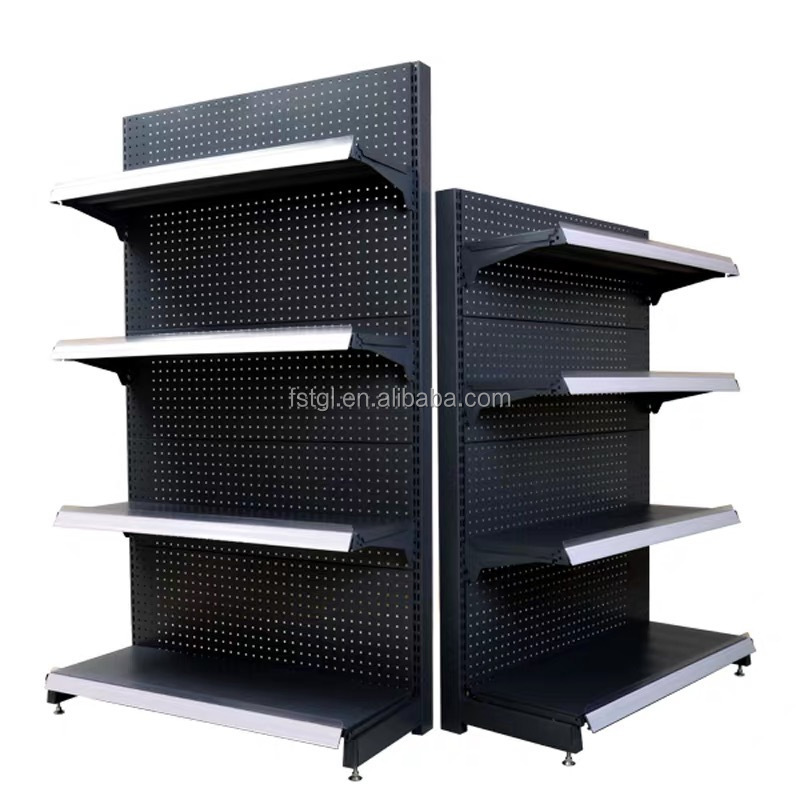 Hot sale retail store rack fittings gondola shelving with pegboard back panel