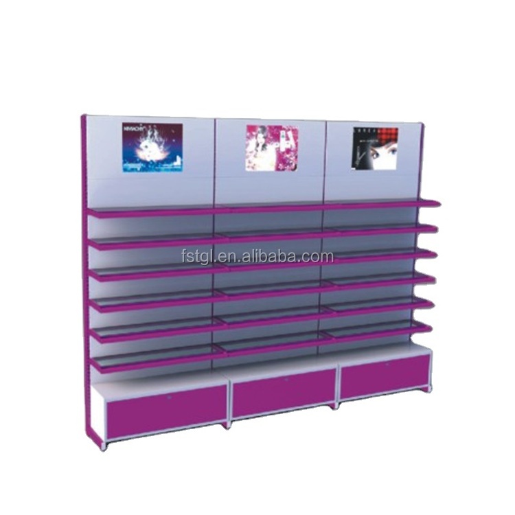 Hot sale retail store rack fittings gondola shelving with pegboard back panel