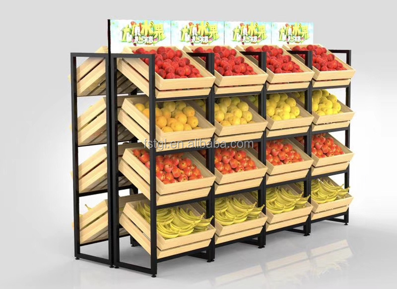 Modern customized wooden 4 tiers retail fruit display stand and rack