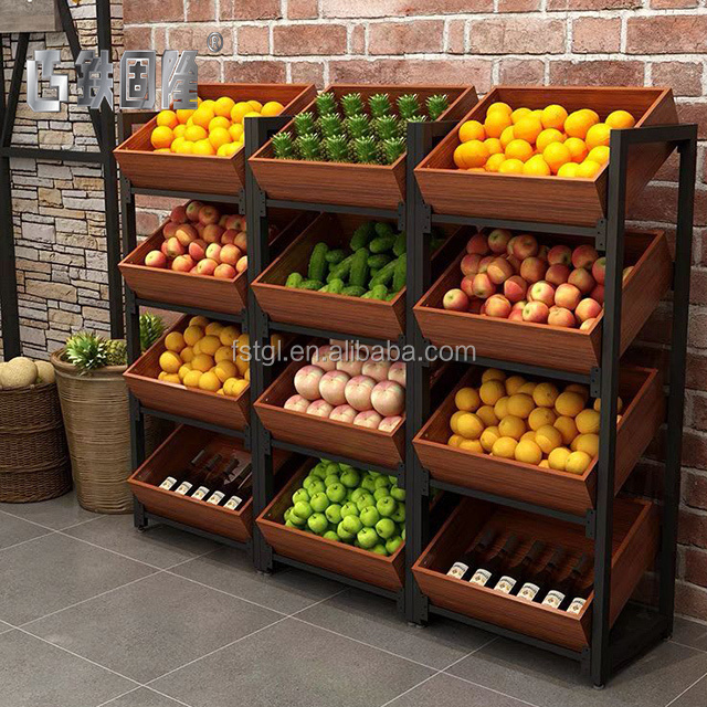 Modern customized wooden 4 tiers retail fruit display stand and rack