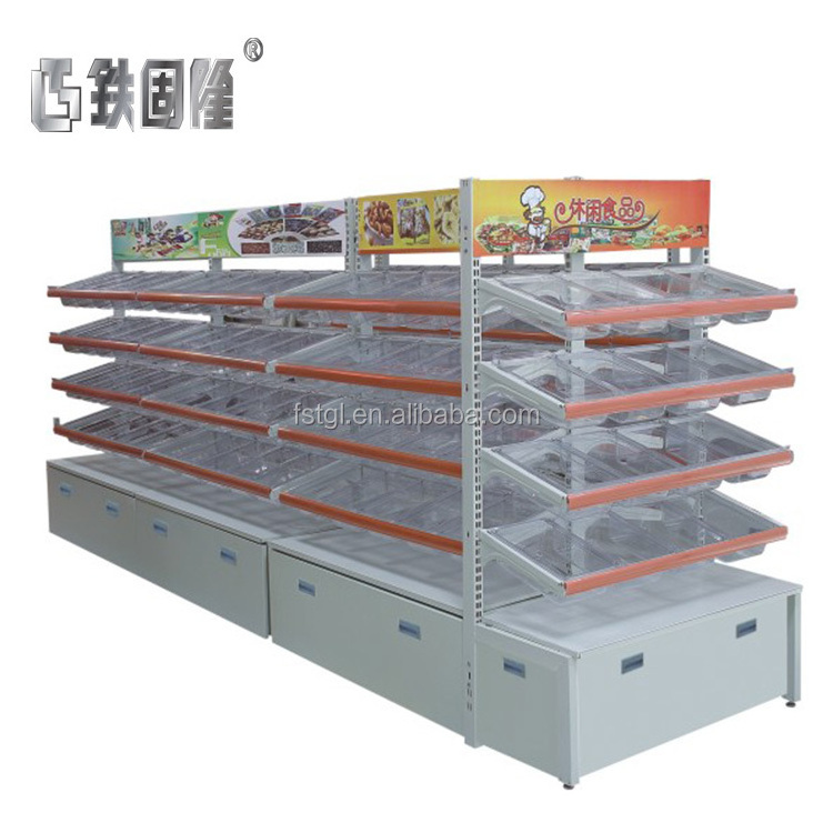 Retail store supermarket snacks candy dry fruit shelf