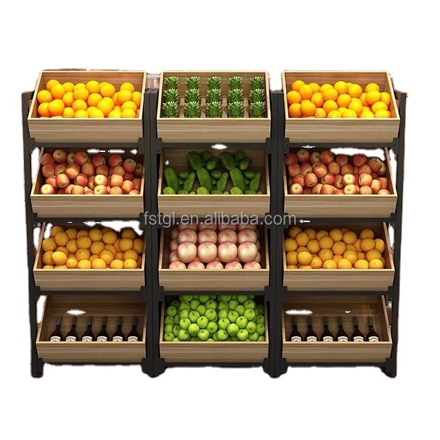 Modern customized wooden 4 tiers retail fruit display stand and rack