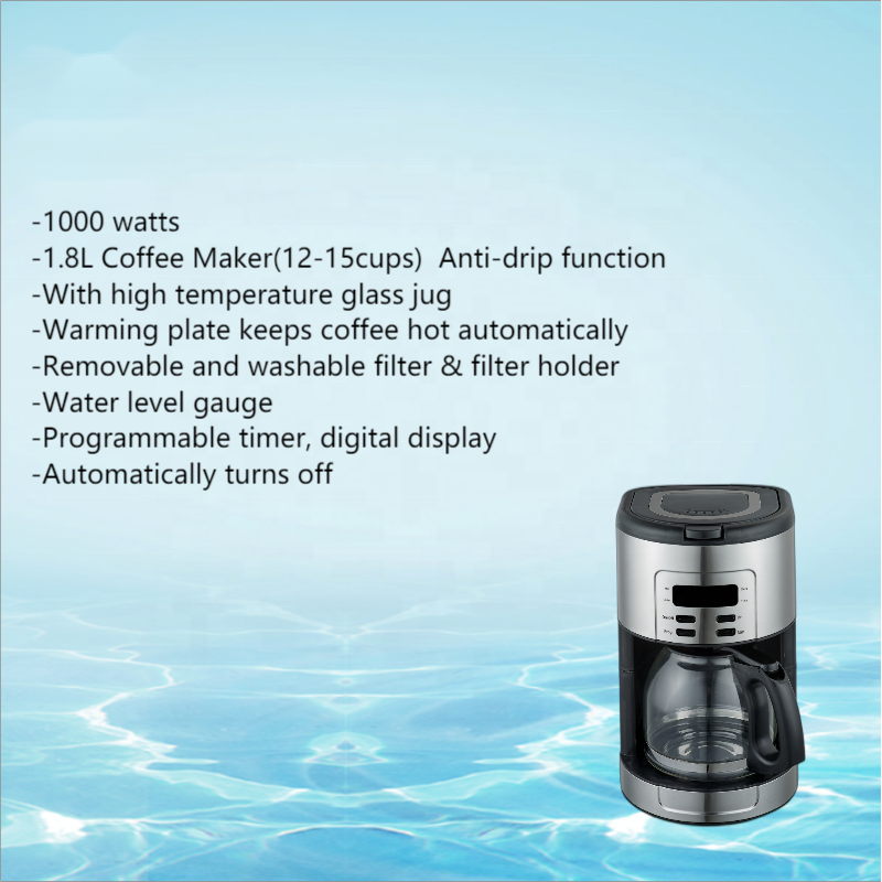 Thema Hot Sale New Digital Timer Reset Automatic 1000W Keep Warm 1.8L 12-15 Cup Glass Pot Anti Drip Coffee Maker