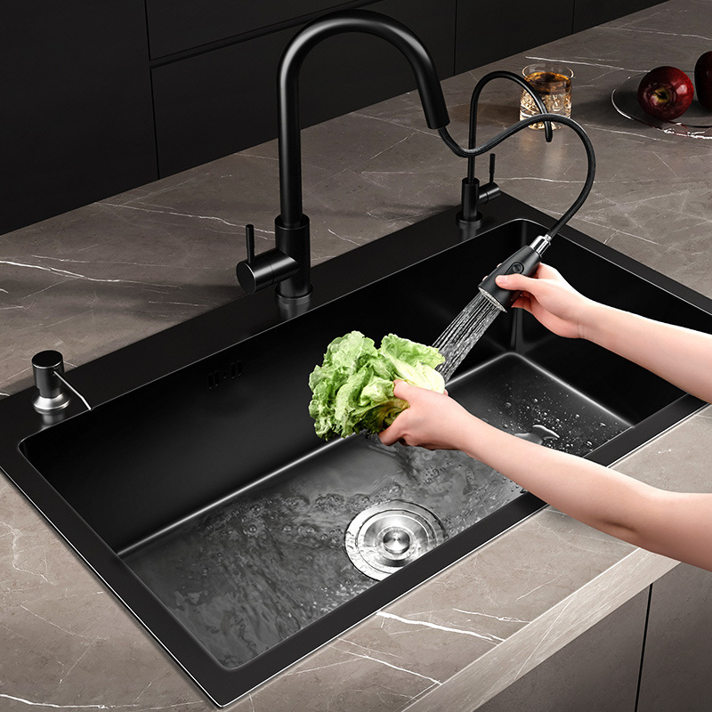 Multifunction kitchen sinks 304 stainless steel kitchen sink faucet modern black single bowl kitchen sink set