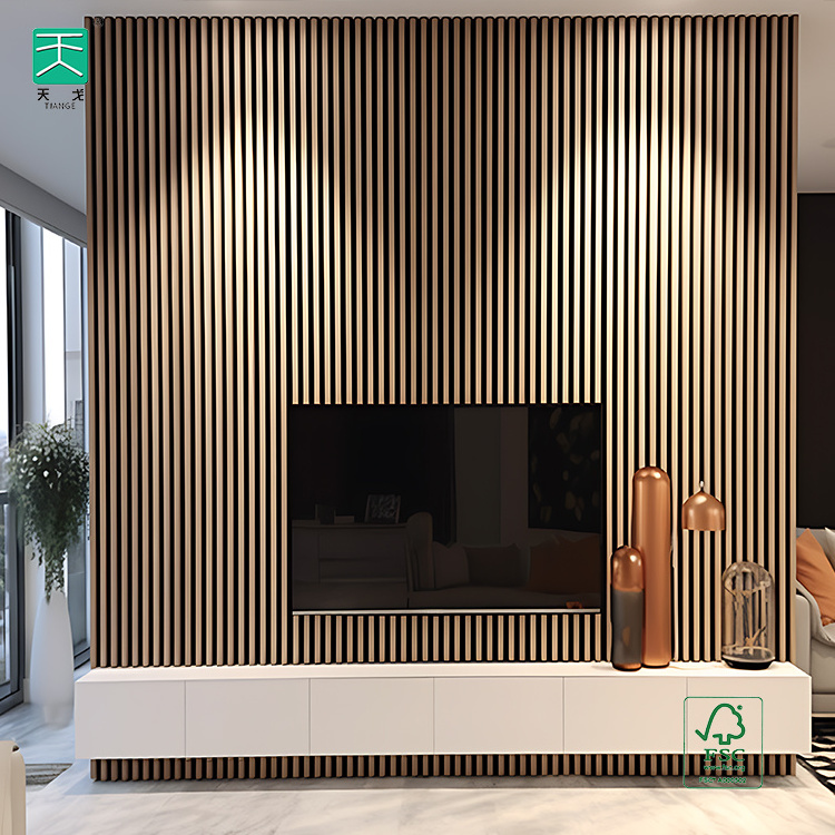 TianGe Apartment Interor Akupanel Wall And Ceiling soundproof Pet And Wood Veneer mdf wood slatted wall Acoustic Panel