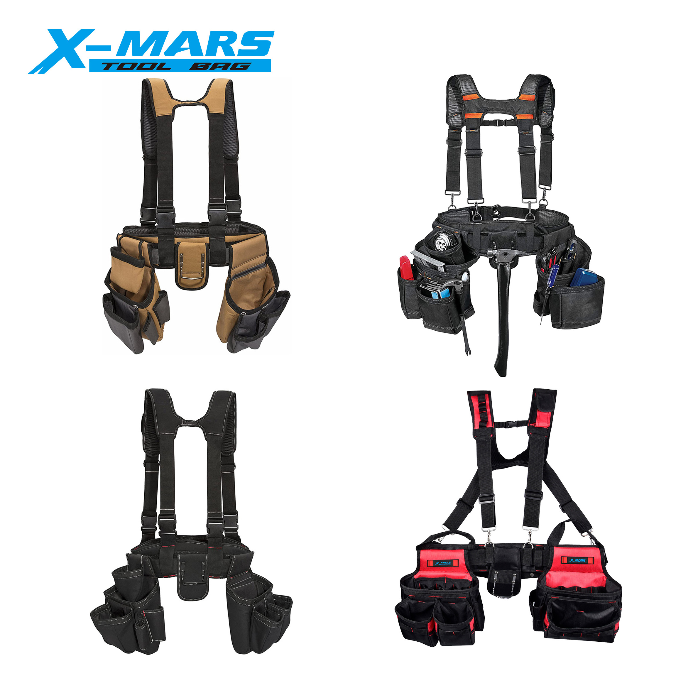 X-mars 1680 Denier Polyester Adjustable Plumber Apron Carpenter's Padded Heavy Duty Work Tool Belt with Suspenders Hammer Hooks