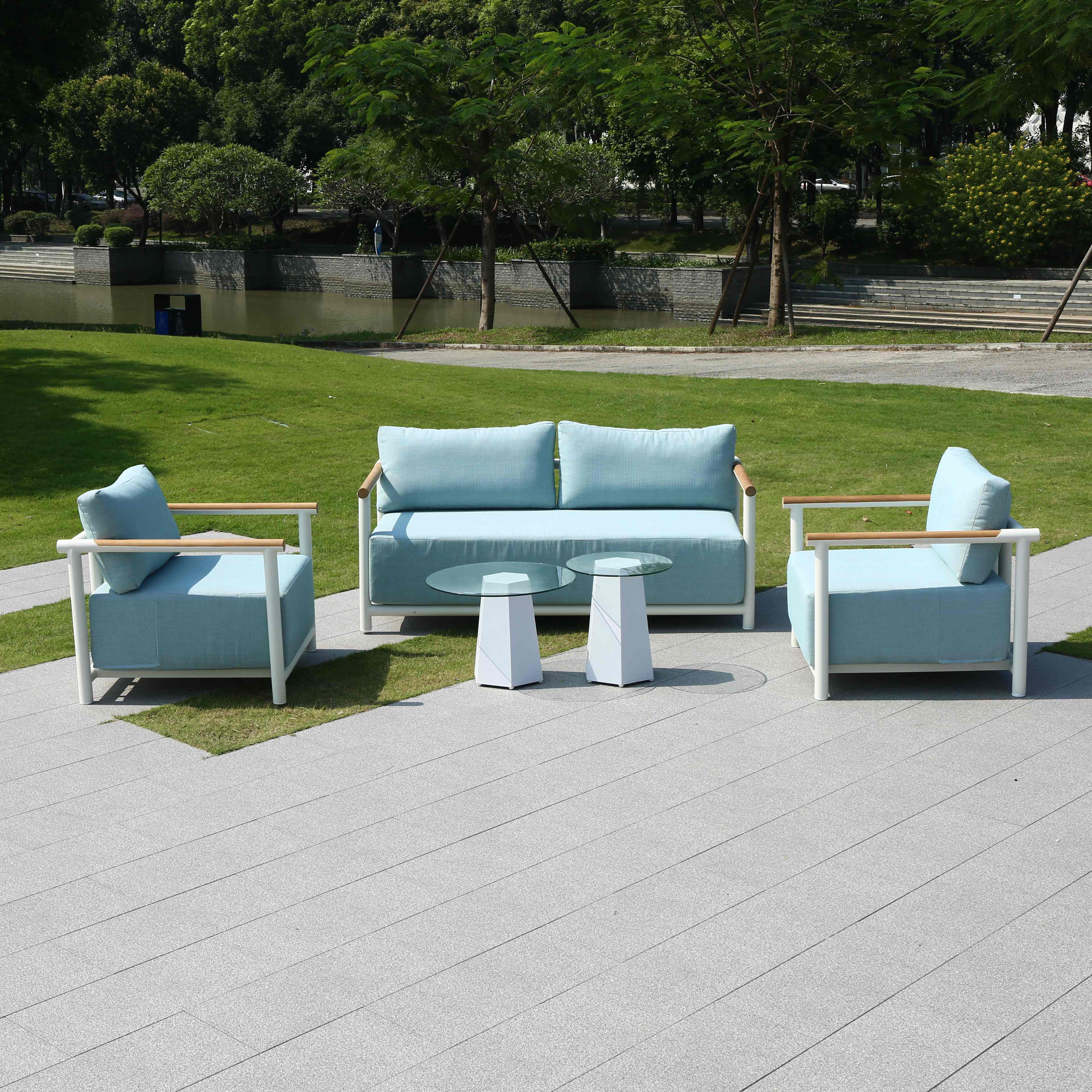 2+1+1 Aluminium frame outdoor garden patio swimming pool side sofa set garden furniture with 2 coffee table