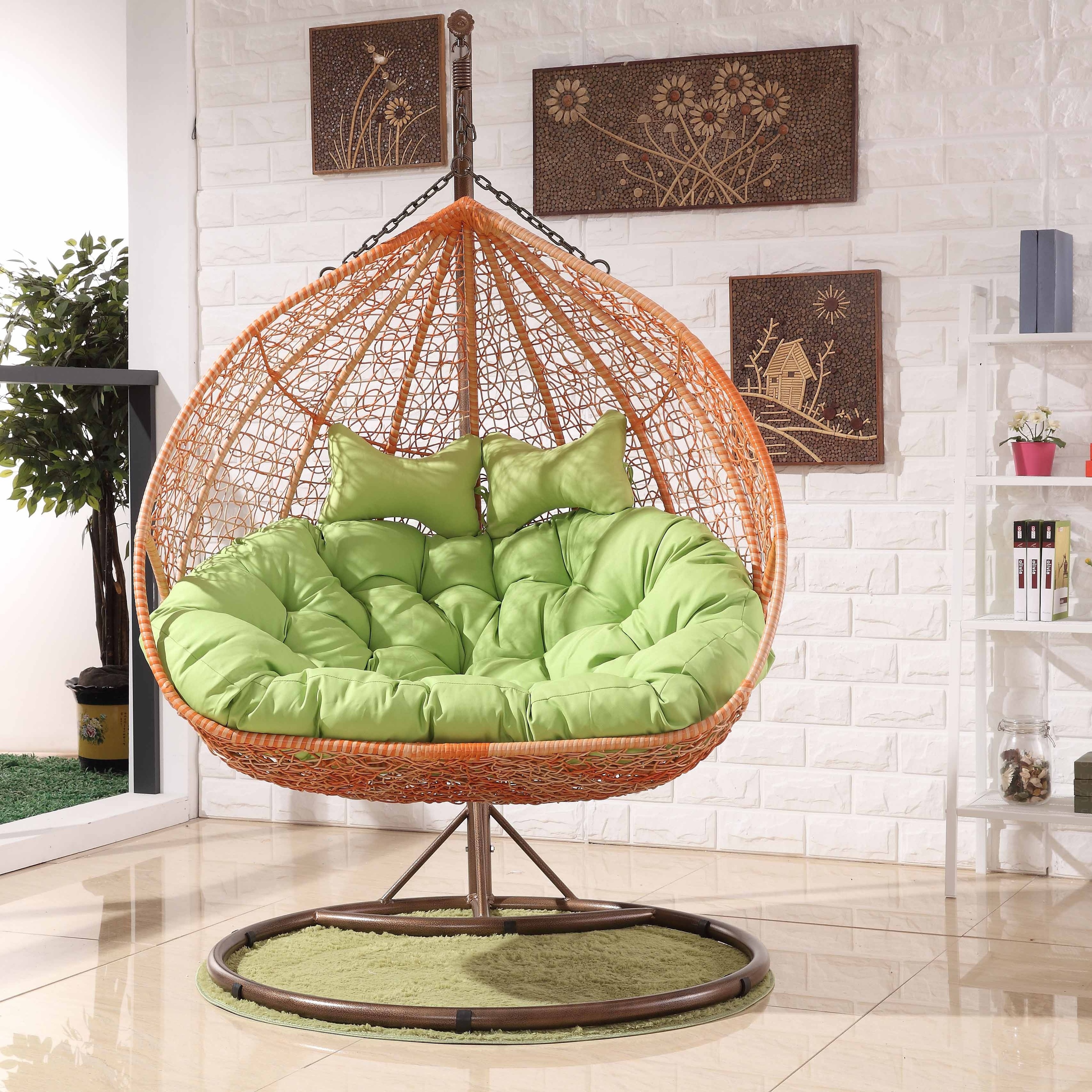 Modern Style swing chair Leisure Metal PE Rattan Double-Seater Balcony egg chair Rattan Free Standing Hanging chairs