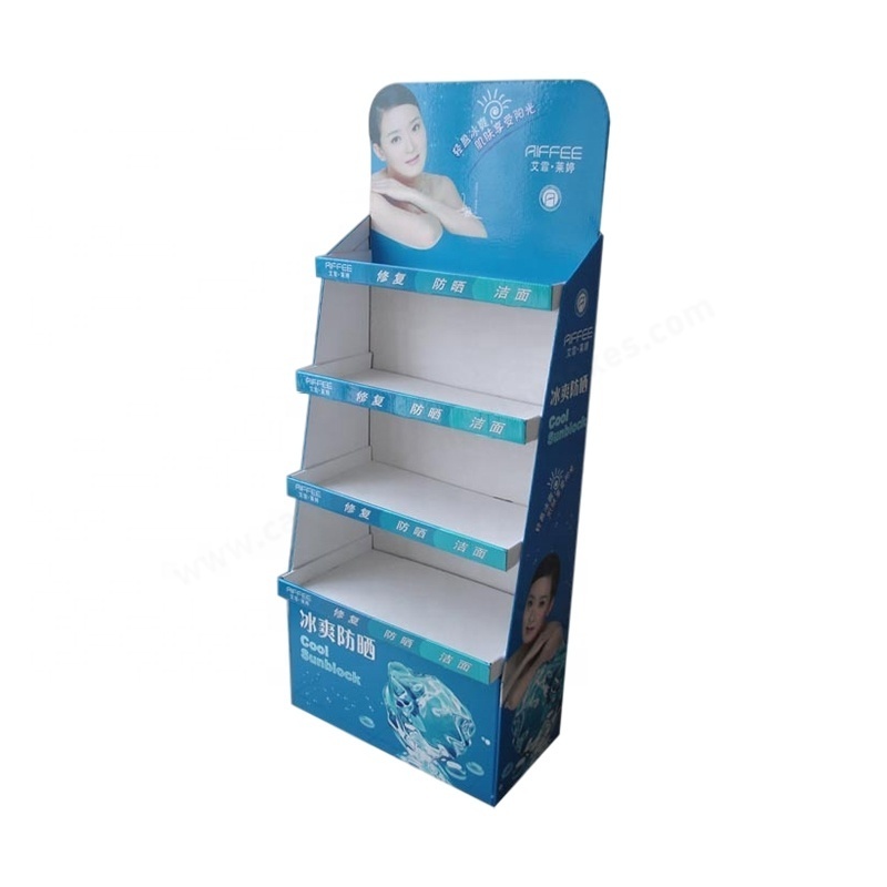 Customized Paper Floor Stand CMYK Printing Retail Skin Care Products Cardboard Floor Display Shelf