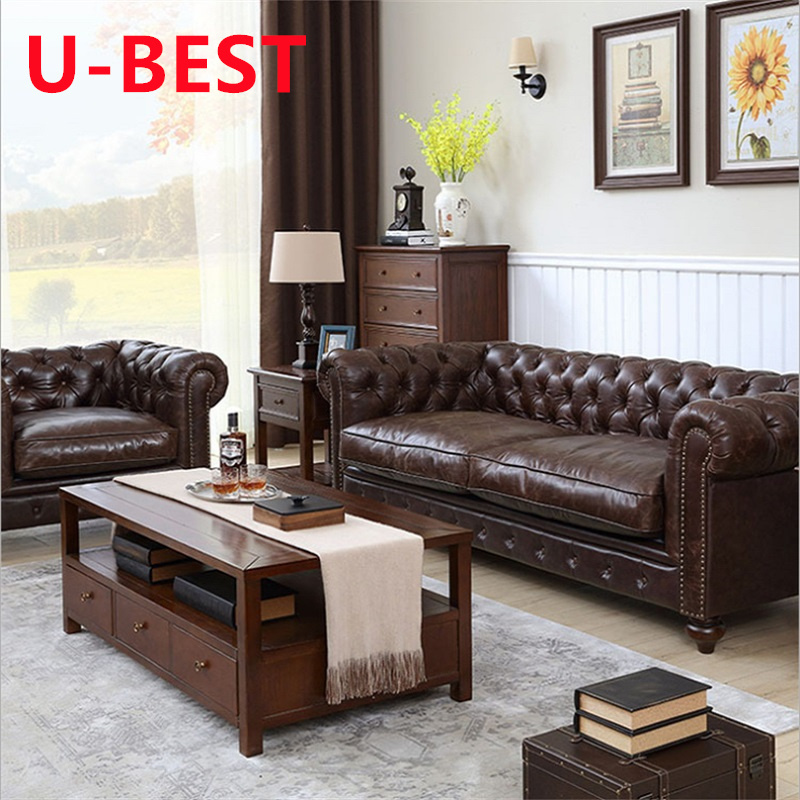 U-BEST Customized Retro Living Room Genuine Leather Chesterfield Corner Sofa Set  Industrial Style 2 seater Sofa