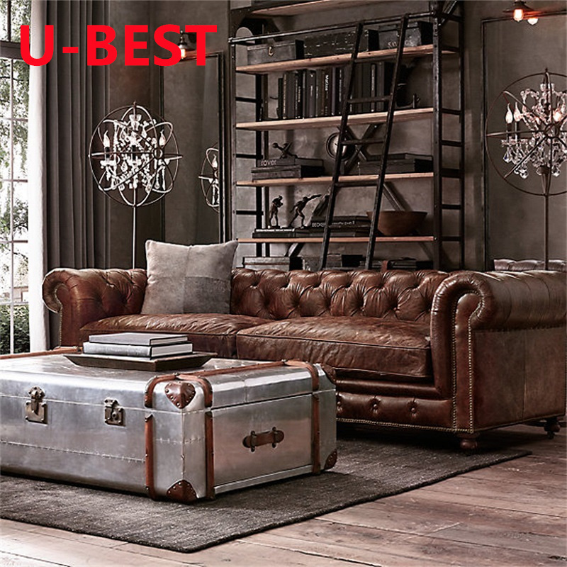 U-BEST Customized Retro Living Room Genuine Leather Chesterfield Corner Sofa Set  Industrial Style 2 seater Sofa