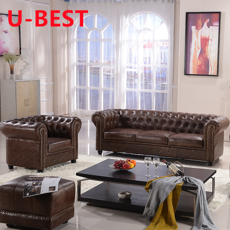 U-BEST Customized Retro Living Room Genuine Leather Chesterfield Corner Sofa Set  Industrial Style 2 seater Sofa