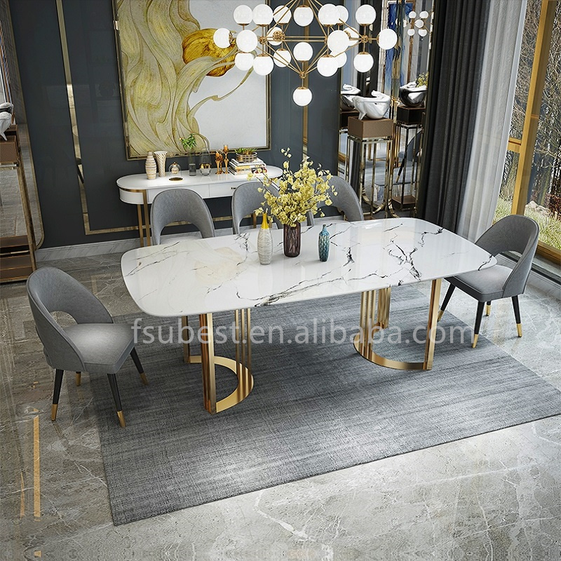 Modern natural marble dining tables Modern Rectangular stainless steel large apartment dining table