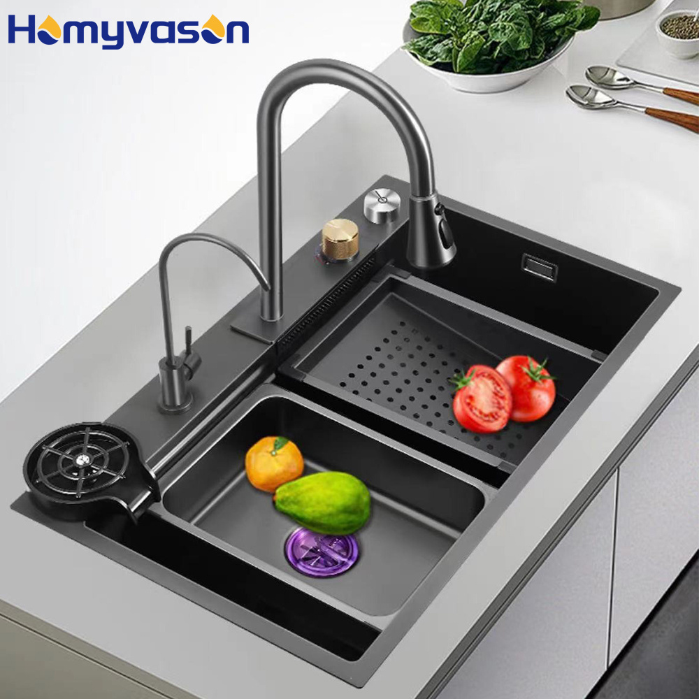 Luxury Modern Nano Black Multifunction Single Bowl Large Smart Stainless Steel Waterfall Faucet Kitchen Sink With Glass Rinser