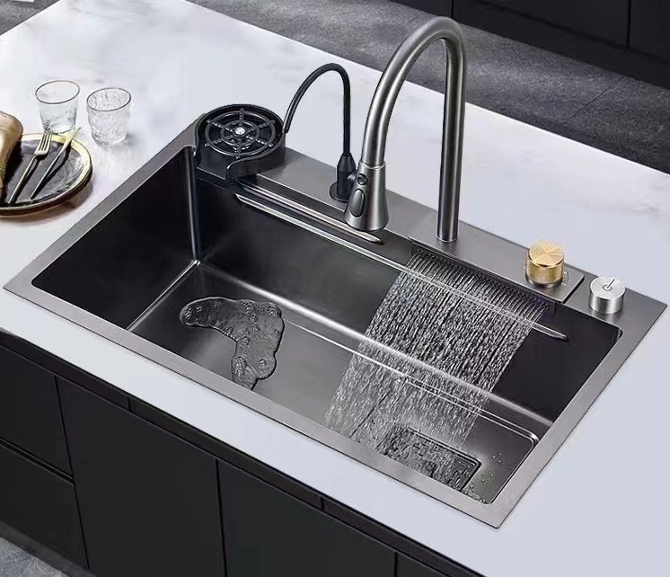 Luxury Modern Nano Black Multifunction Single Bowl Large Smart Stainless Steel Waterfall Faucet Kitchen Sink With Glass Rinser