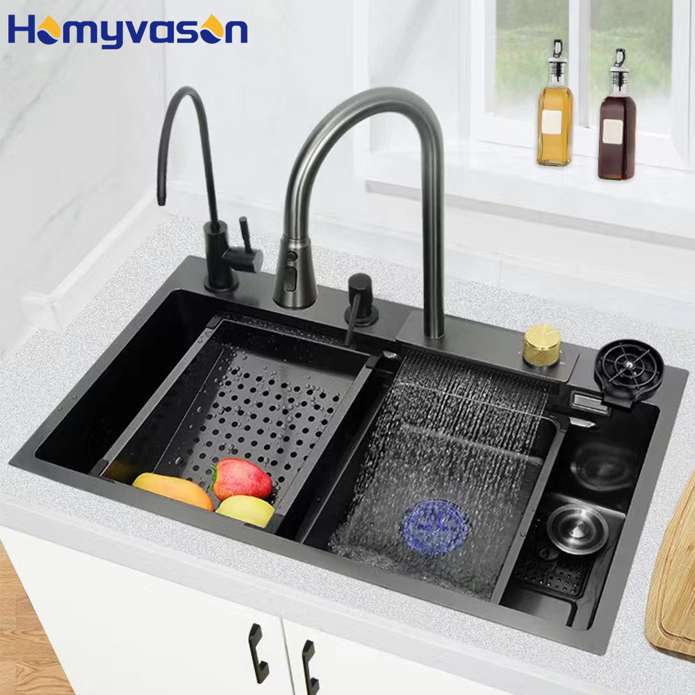 Luxury Modern Nano Black Multifunction Single Bowl Large Smart Stainless Steel Waterfall Faucet Kitchen Sink With Glass Rinser