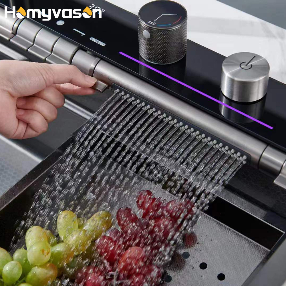 Modern Smart Sus304 Stainless Steel Piano Single Bowl Multifunction Led Digital Display Waterfall Kitchen Sink With Cup Washer