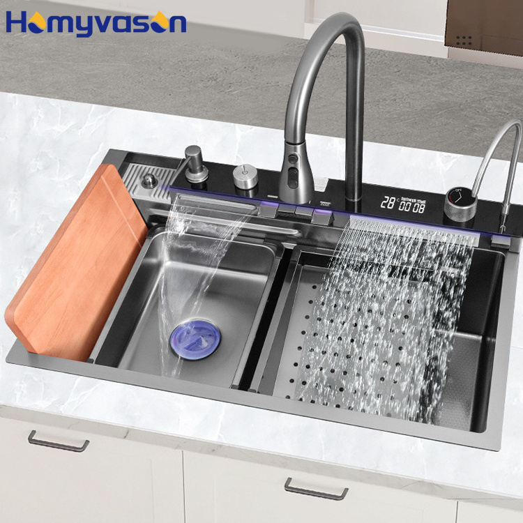 Luxury Modern Honeycomb Smart Multifunction Digital 304 Stainless Steel Black Piano Key Waterfall Kitchen Sink With Cup Washer