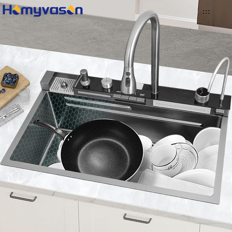 Luxury Modern Honeycomb Smart Multifunction Digital 304 Stainless Steel Black Piano Key Waterfall Kitchen Sink With Cup Washer