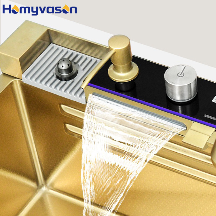 Luxury 304 Stainless Steel Led Nano Honeycomb Modern Sink Piano Key Gold Multifunctional Smart Waterfall Digital Kitchen Sink