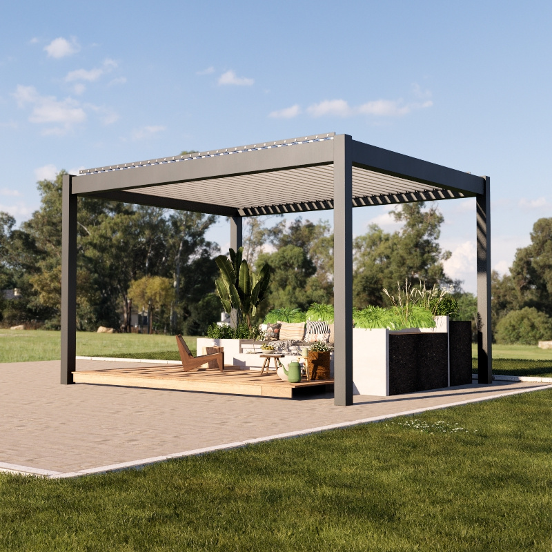 Dark gray color free standing power coated frame motorised aluminium louvre pergola sun shade for balcony gazebo