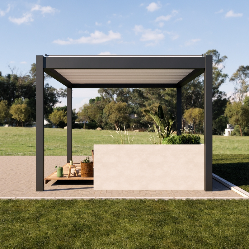 Dark gray color free standing power coated frame motorised aluminium louvre pergola sun shade for balcony gazebo