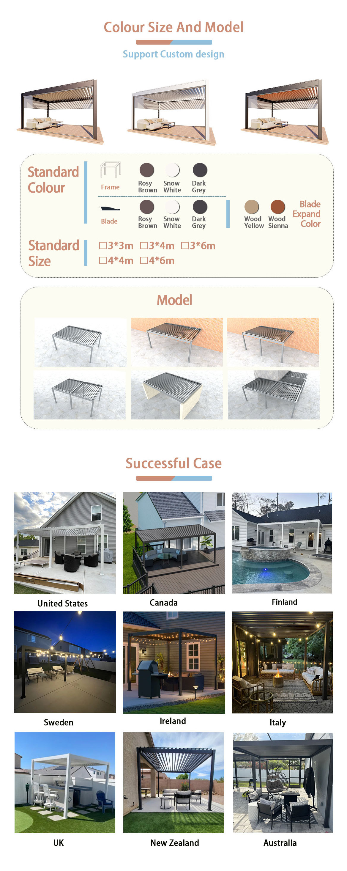 Customized adjustable outdoor gazebo waterproof louvered roof motorized modern pergola