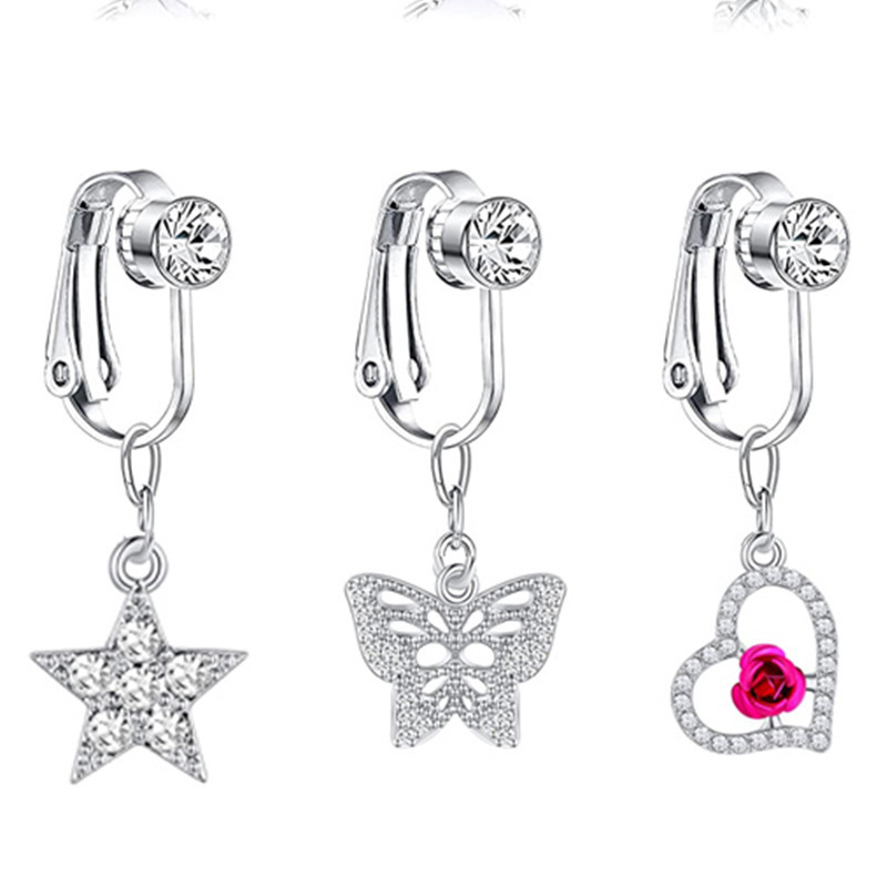 WANTI wholesale fake belly button ring cute heart shape rosy design clip on belly ring non piercing body jewelry