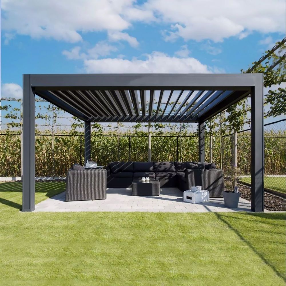 Outdoor Motorized Aluminum Gazebo Retractable Pergola Roof Bioclimatic Lighting Louvered Opening Canopy