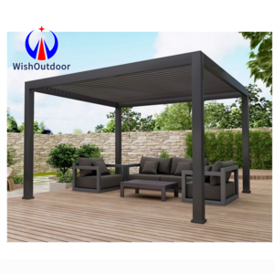 Terrace Aluminium LED Light Pergola Motorized Waterproof Louvred Roof Pergola Outdoor Garden Waterproof Metal Gazebo