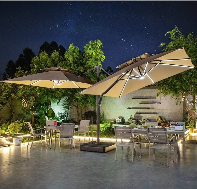 New Design Big Restaurant Umbrella Outdoor Parasol Cafe Solar Double Side Cantilever Umbrella with LED Light