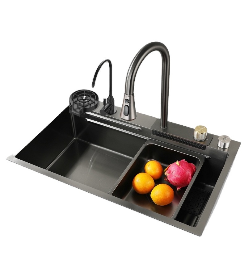 Smart Stainless Steel Black Waterfall   Dish Storage Drying Rack Mixer faucet PVD  Nano Kitchen Sink with  Cup Washer for Sale