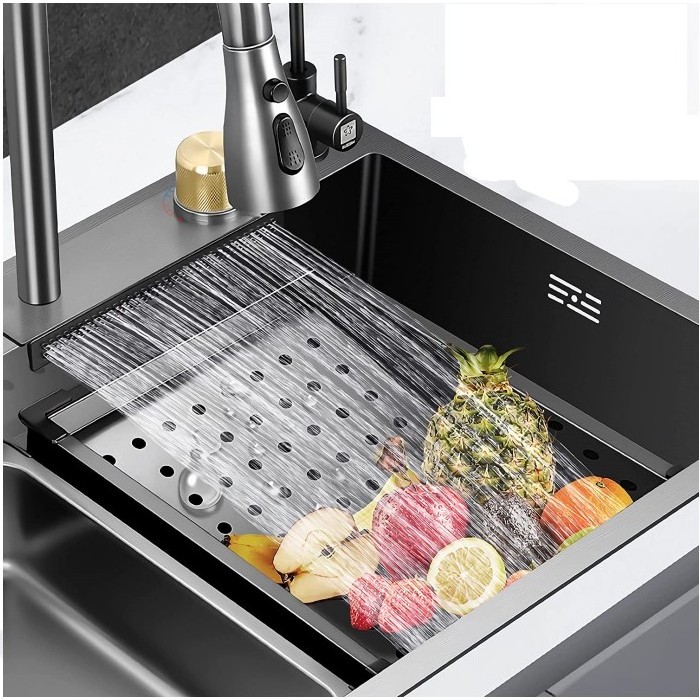 Waterfall Multifunction Kitchen Sink Modern Multifunction Kitchen Sink Deep Kitchen Sink with Strainer, Stainless Steel Handmade