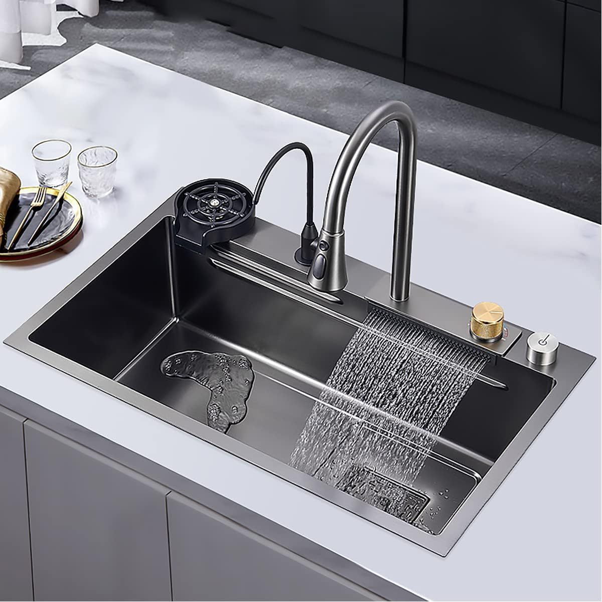 Waterfall Multifunction Kitchen Sink Modern Multifunction Kitchen Sink Deep Kitchen Sink with Strainer, Stainless Steel Handmade