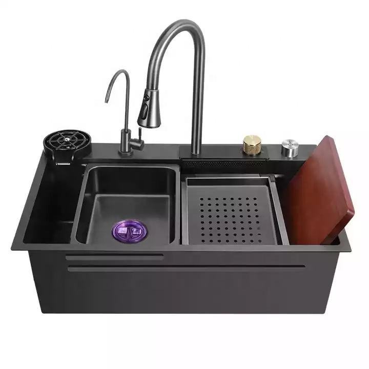 Luxury Modern  Nano Black Stainless Steel Farmhouse Hotel Kitchen Sink with Waterfall Rainfall Pull Out Faucet Anti- Scratch