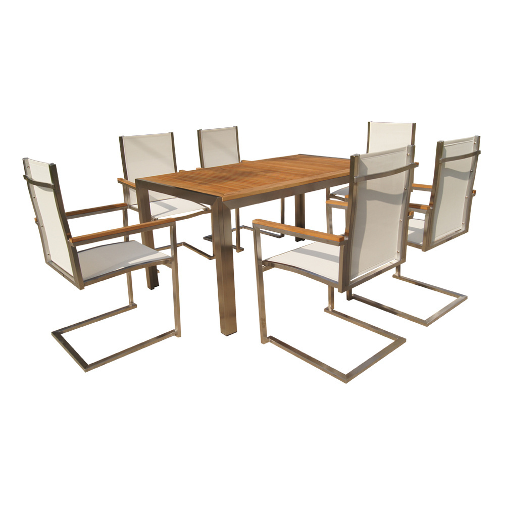 luxury outdoor patio furniture with stainless steel sling swing chair and teak wood table