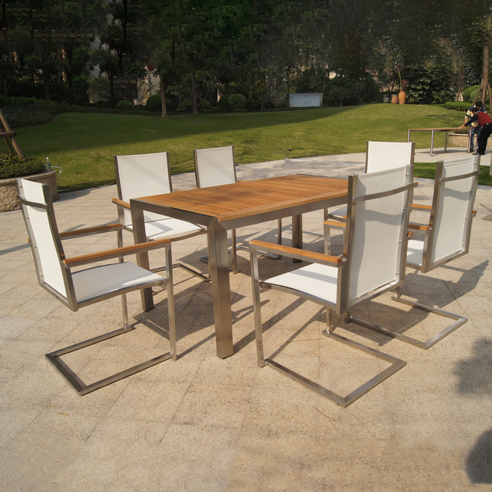 luxury outdoor patio furniture with stainless steel sling swing chair and teak wood table